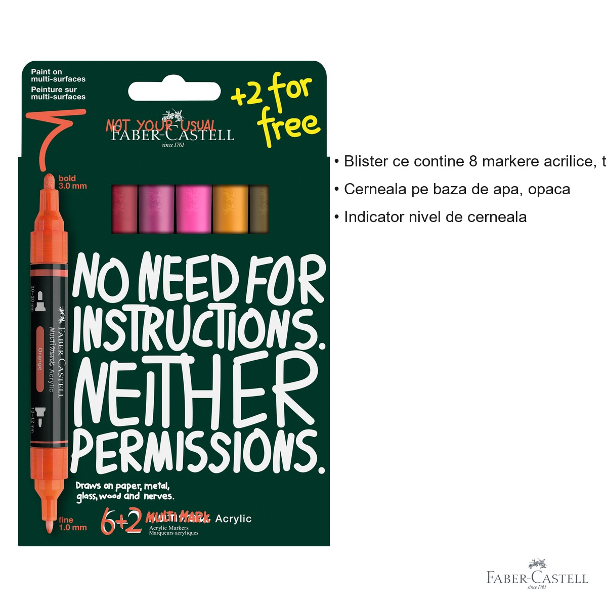 Set 8 markere acrilice Faber-Castell Multimark, tonuri calde, varf dublu, pentru arte si mestesuguri [3]
