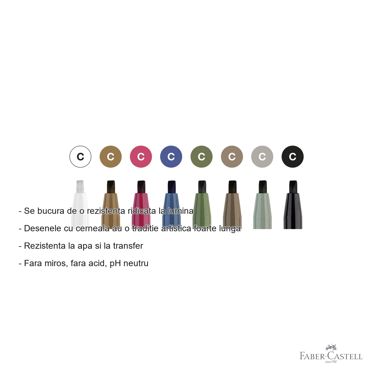 Set 8 markere caligrafice Faber-Castell Pitt Artist Pen, varf caligrafic 2.5 mm, cerneala pigmentata rezistenta [2]