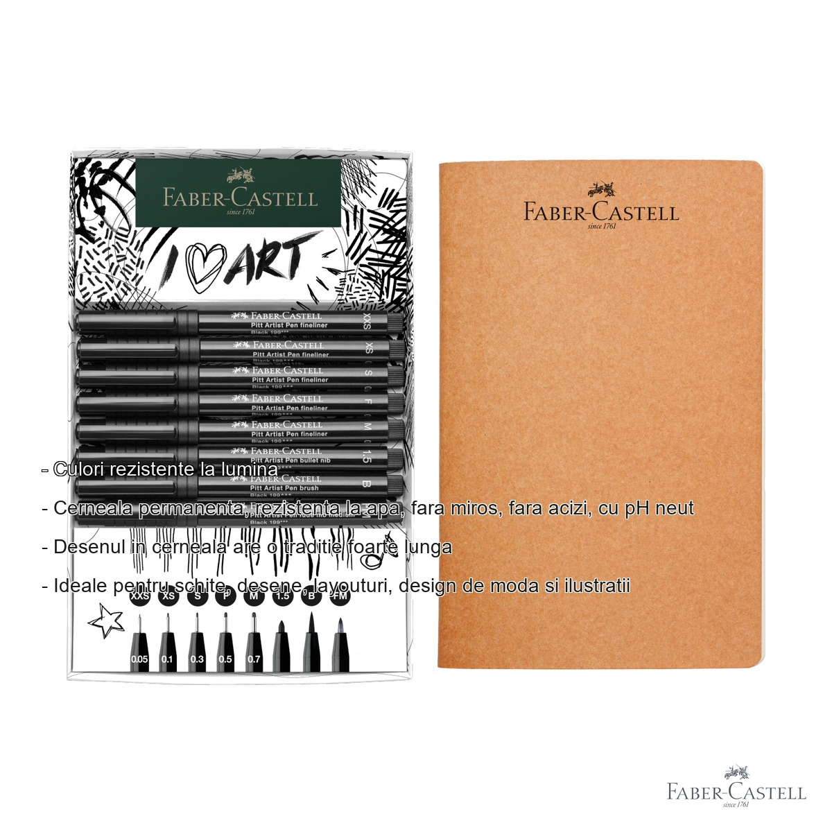 Set 8 markere Pitt Artist Pen Faber-Castell cu sketchbook, cerneala pigmentata india, pentru schite si ilustratii [2]