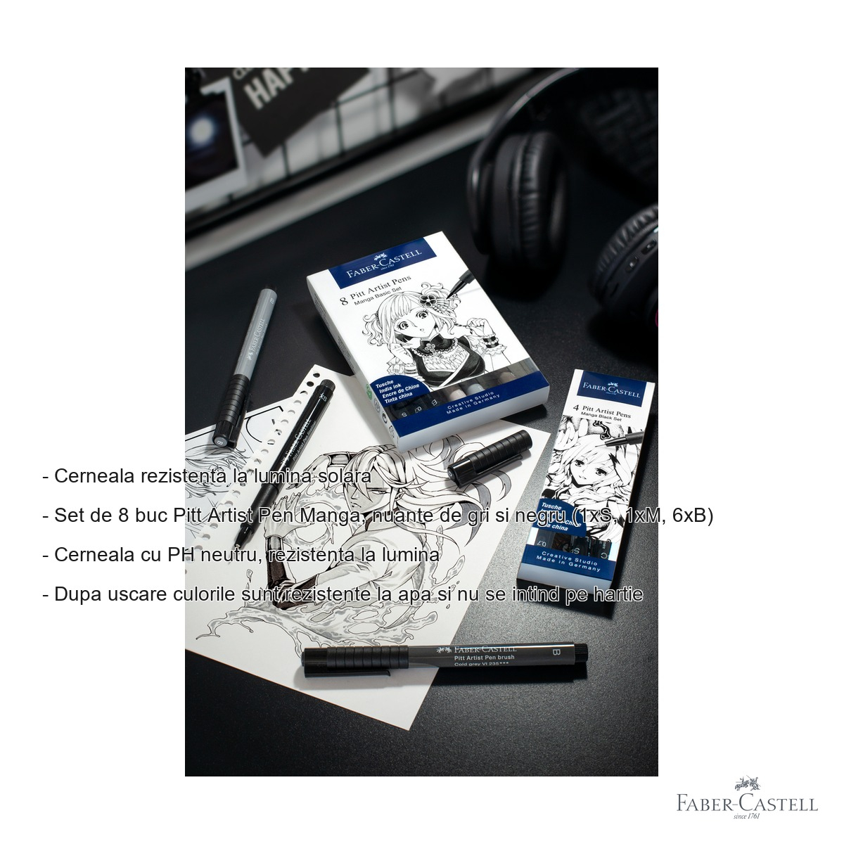 Set 8 markere Pitt Artist Pen Manga Faber-Castell, nuante gri si negru, varf pensula, pentru desen manga si schite [2]