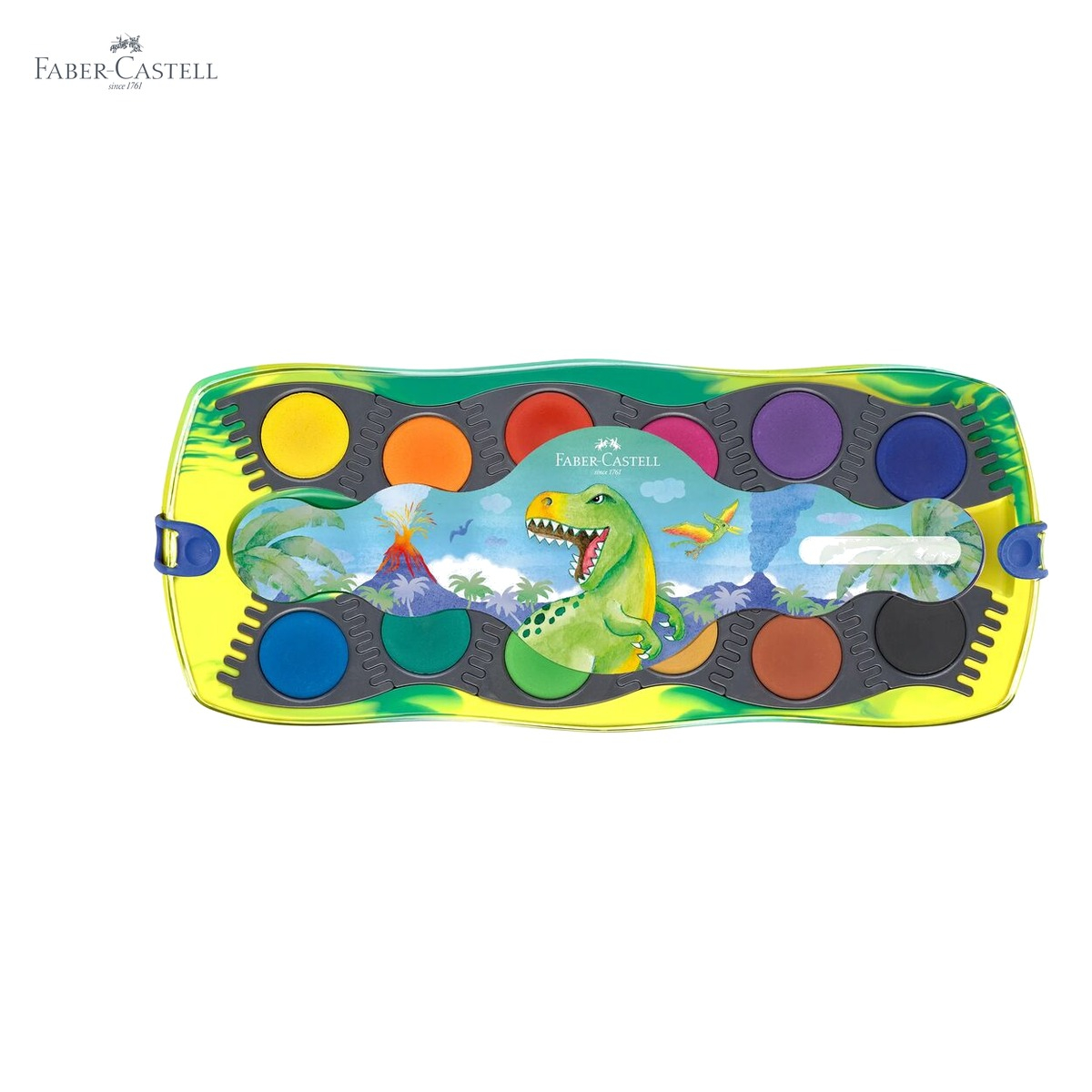 Set acuarele 12 culori Faber-Castell Connector Dinozauri, capac transparent cu paleta, pentru copii [9]