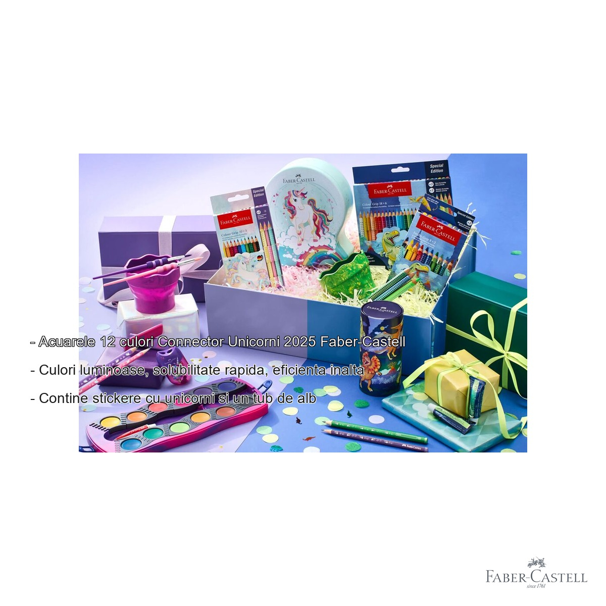 Set acuarele 12 culori Faber-Castell Connector Unicorni, capac transparent cu paleta, pentru copii [4]
