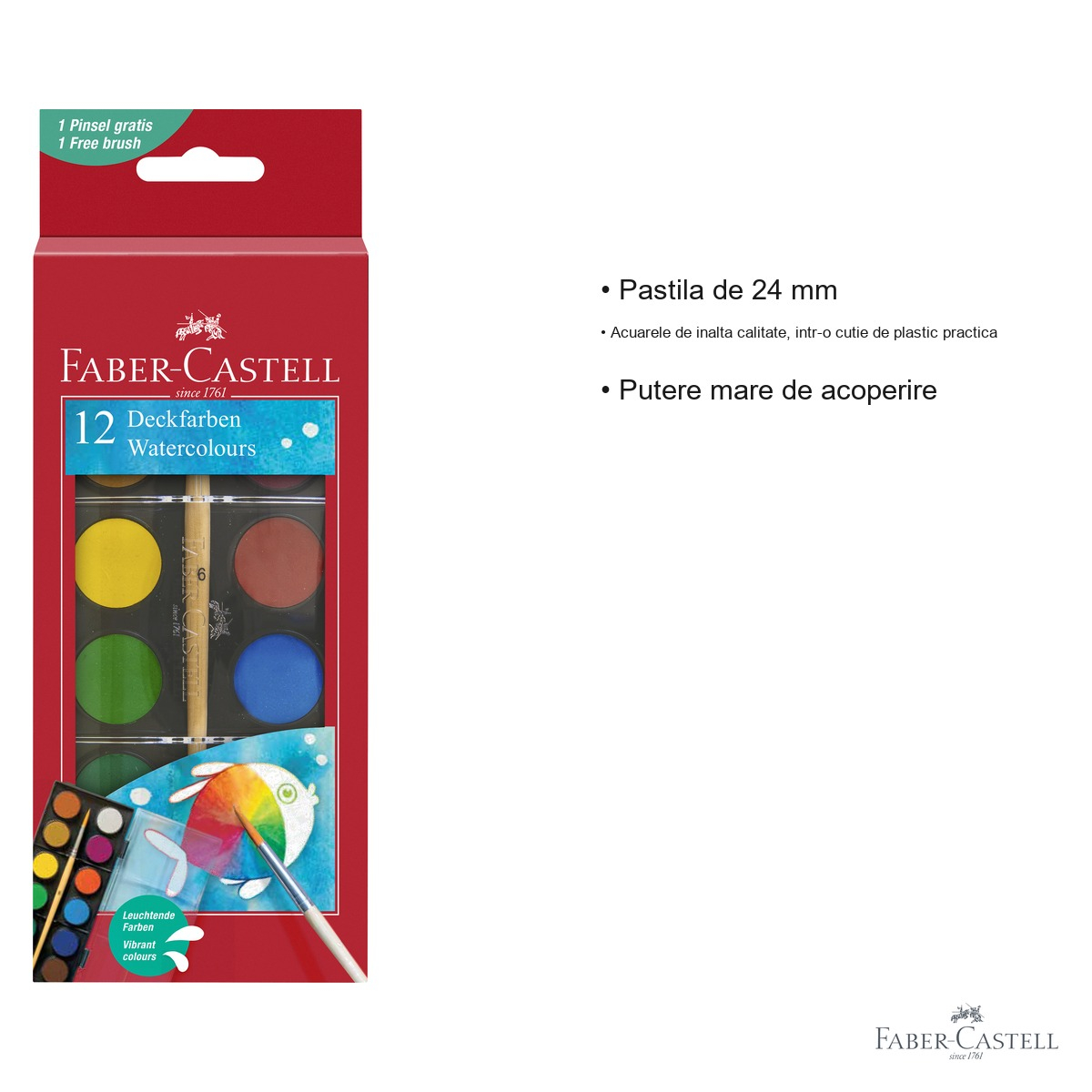 Set acuarele 12 culori Faber-Castell, pastila 24 mm cu pensula inclusa, pentru scoala si desen [5]