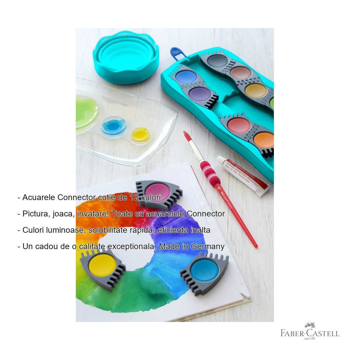 Set acuarele Faber-Castell Connector 12 culori, capac transparent cu paleta integrata, pentru copii si scoala [3]