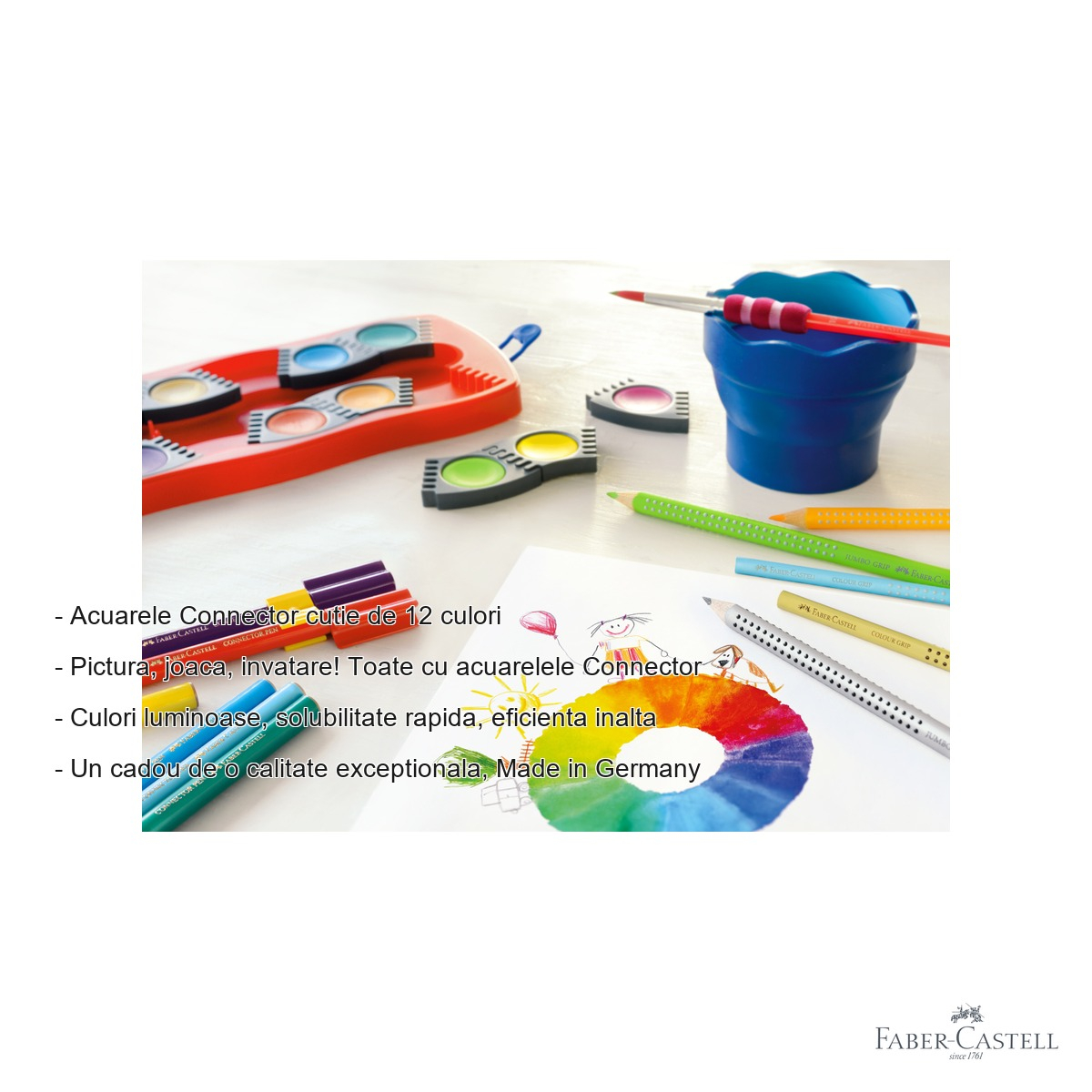 Set acuarele Faber-Castell Connector, 12 culori luminoase cu tub alb inclus, pentru copii si scolari [4]
