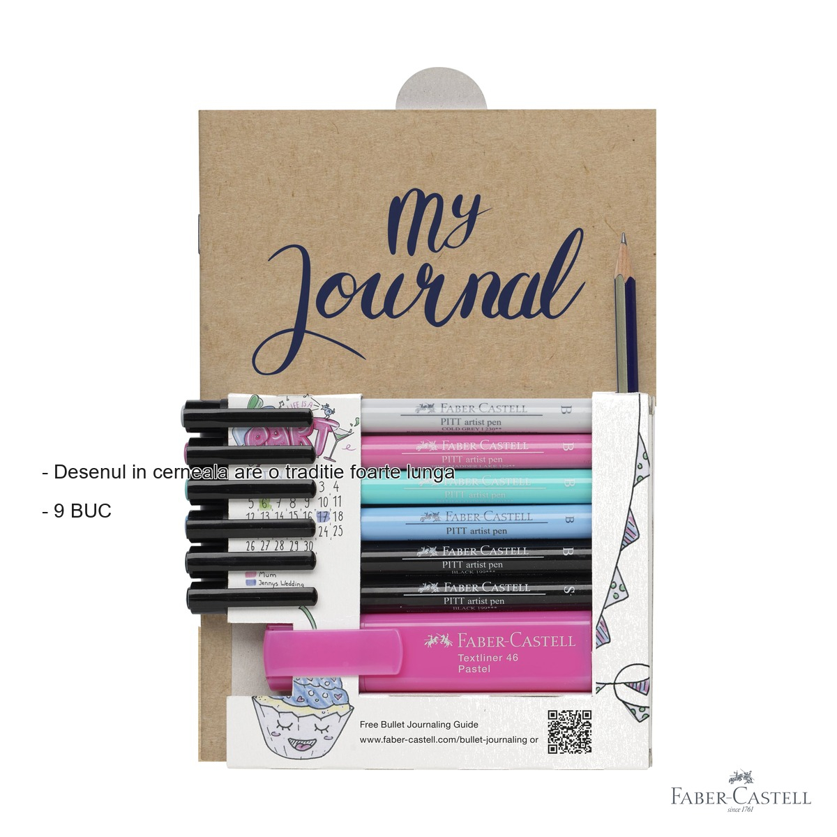 Set Bullet Journaling 9 piese Faber-Castell, markere Pitt Artist Pen cu pensula, pentru caligrafie si jurnal creativ [2]