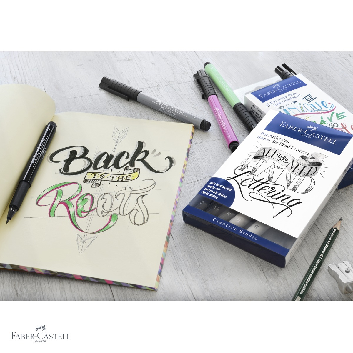 Set caligrafic Pitt Artist Pen Faber-Castell, 8 piese, markere pensula si fineliner, pentru incepatori in desen si arta grafica [4]