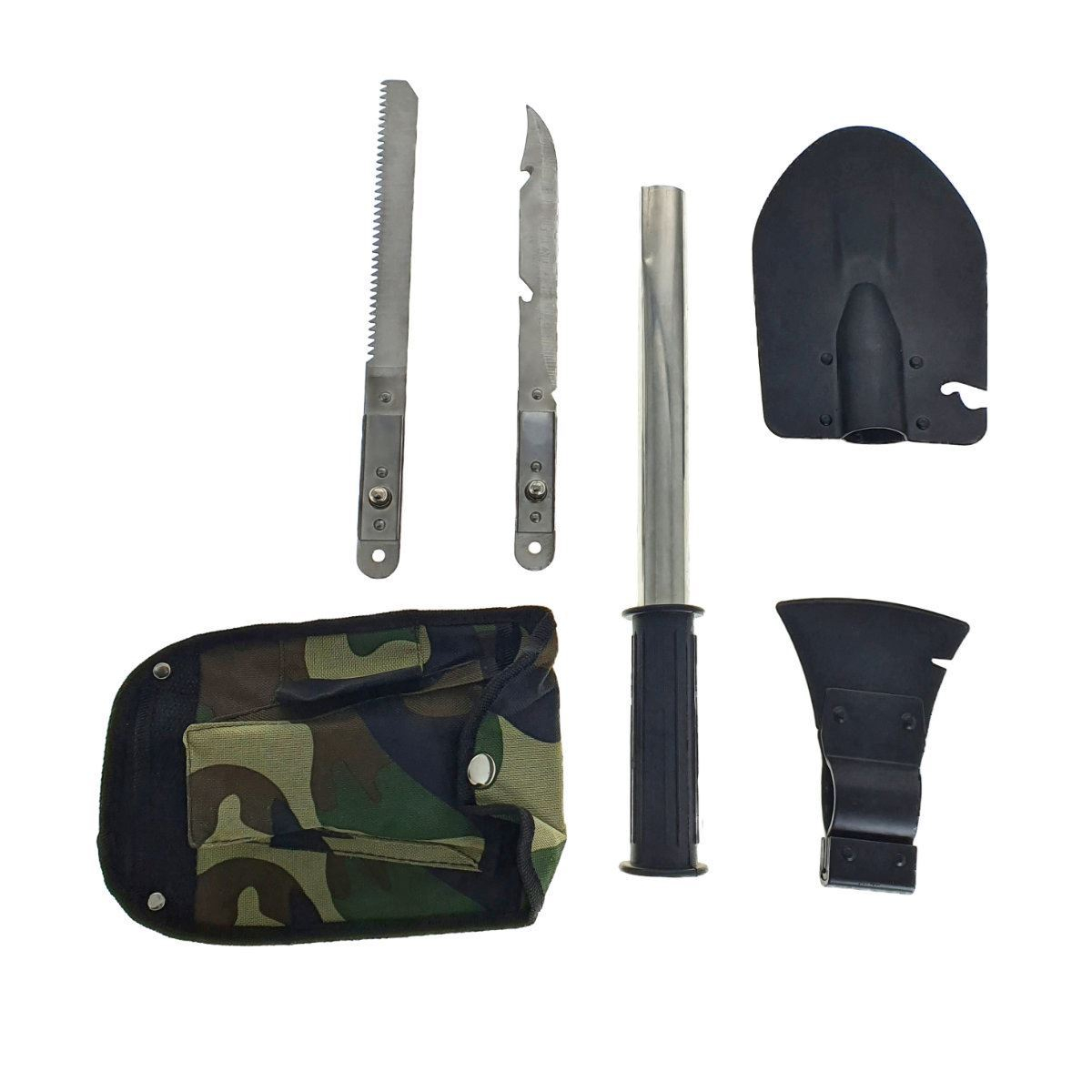 Set cazma, topor, cutit si fierastrau, cu coada metalica 340x30mm cu maner si husa cu prindere la centura [9]
