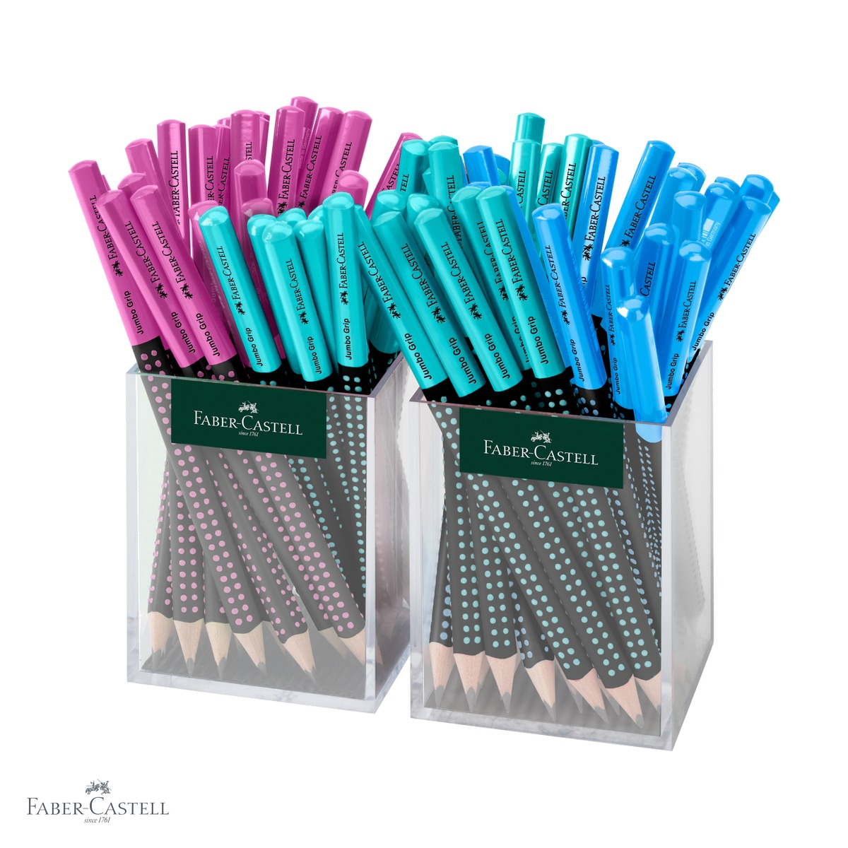 Set creioane grafit Jumbo Grip Two-Tone Faber-Castell, mina B, forma triunghiulara ergonomica, pahar plexiglas 2x36 buc [2]