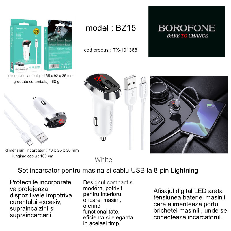 Set incarcator auto dual USB, Borofone BZ15, cu cablu 8-pin Lightning 1m, cu afisaj LED, Borofone BZ15, DC 12-24V, 5V 2.4 A, alb [12]