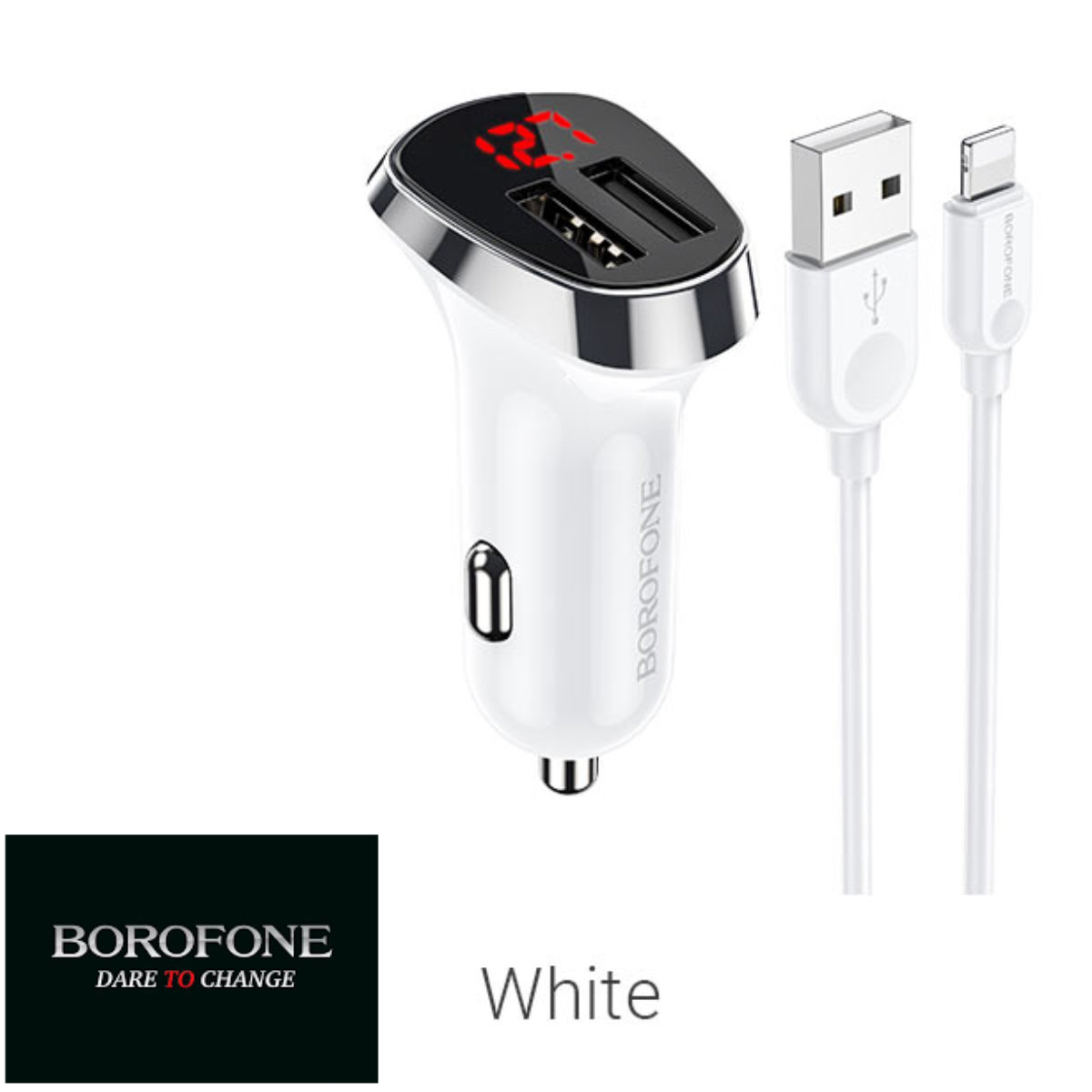 Set incarcator auto dual USB, Borofone BZ15, cu cablu 8-pin Lightning 1m, cu afisaj LED, Borofone BZ15, DC 12-24V, 5V 2.4 A, alb [2]