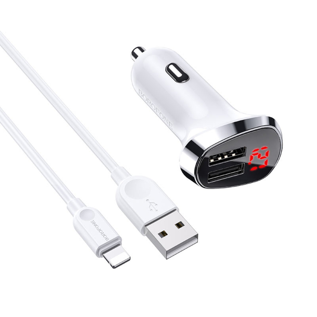 Set incarcator auto dual USB, Borofone BZ15, cu cablu 8-pin Lightning 1m, cu afisaj LED, Borofone BZ15, DC 12-24V, 5V 2.4 A, alb [8]