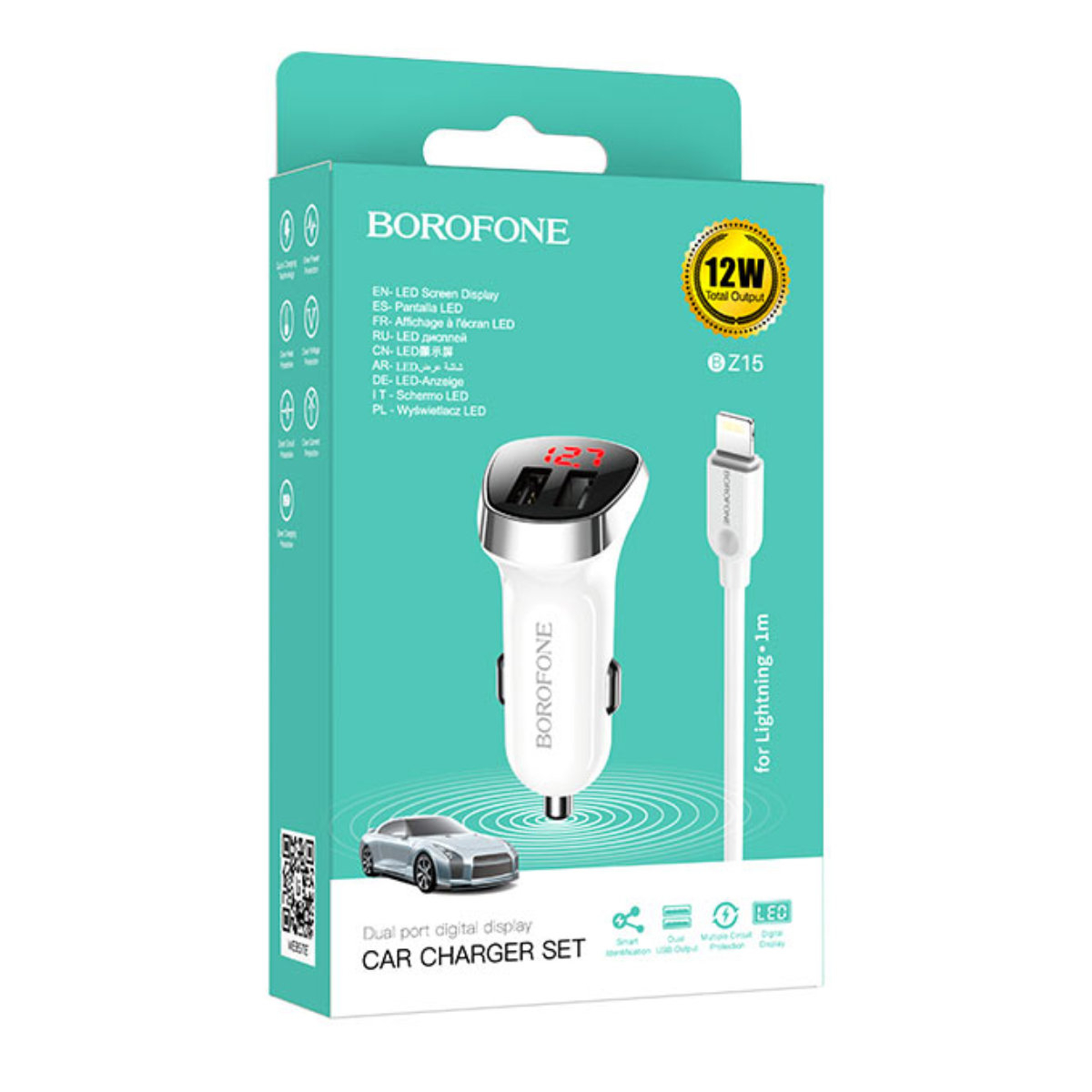 Set incarcator auto dual USB, Borofone BZ15, cu cablu 8-pin Lightning 1m, cu afisaj LED, Borofone BZ15, DC 12-24V, 5V 2.4 A, alb [4]
