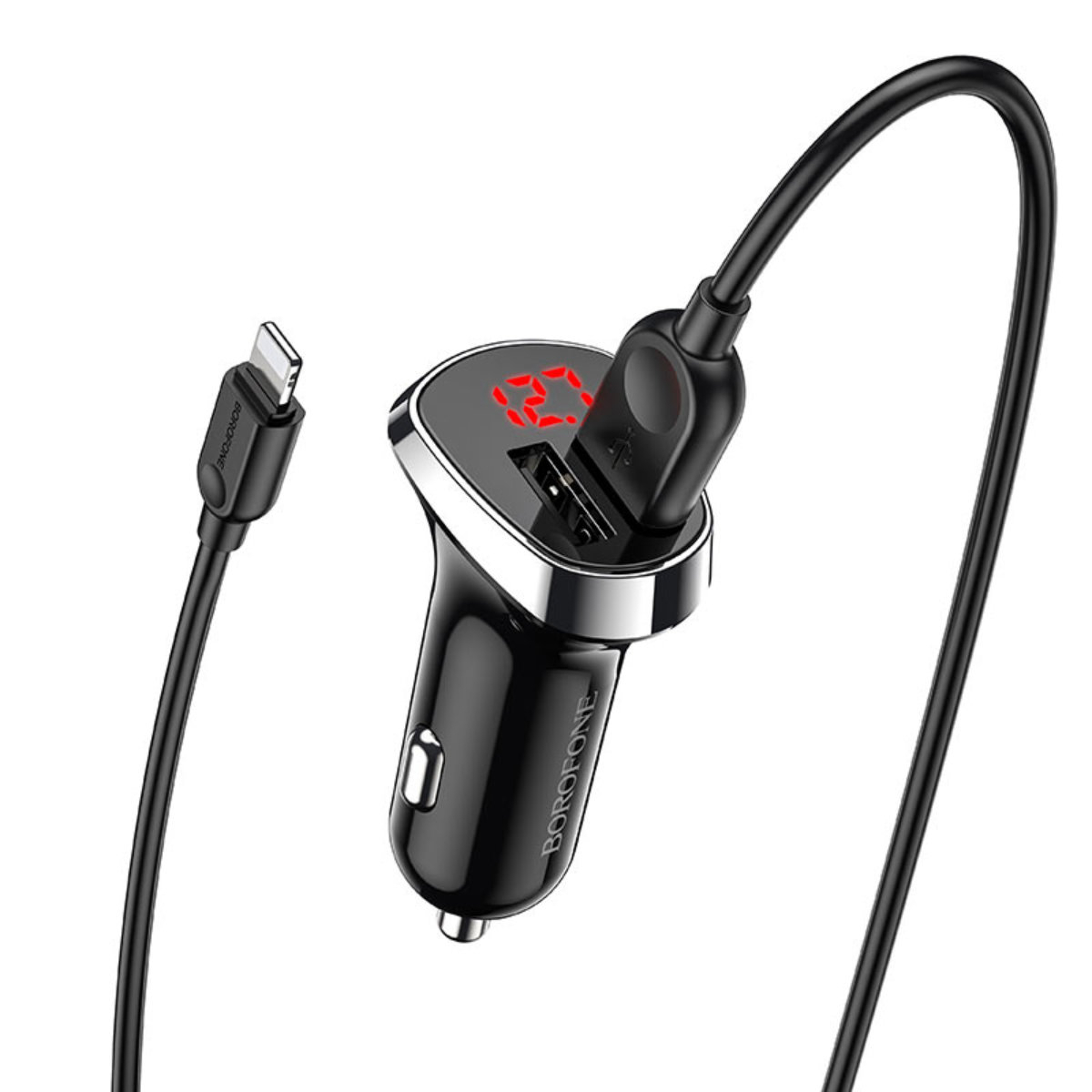 Set incarcator auto dual USB, Borofone BZ15, cu cablu 8-pin Lightning 1m, cu afisaj LED, DC 12-24V, 5V 2.4 A, negru [9]