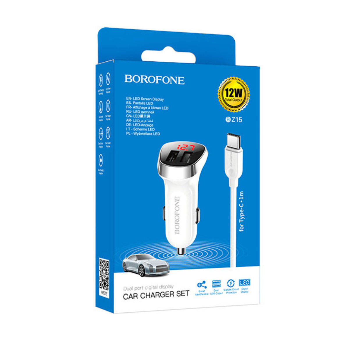 Set incarcator auto dual USB, cu afisaj LED, Borofone BZ15, cu cablu USB Tip C 1m, DC 12-24V, 5V 2.4 A, alb [11]