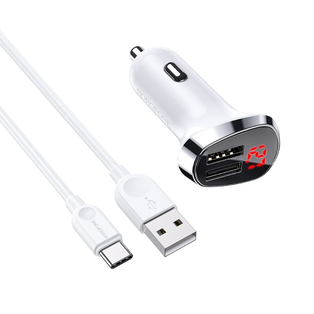 Set incarcator auto dual USB, cu afisaj LED, Borofone BZ15, cu cablu USB Tip C 1m, DC 12-24V, 5V 2.4 A, alb [8]