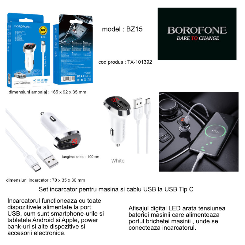 Set incarcator auto dual USB, cu afisaj LED, Borofone BZ15, cu cablu USB Tip C 1m, DC 12-24V, 5V 2.4 A, alb [12]