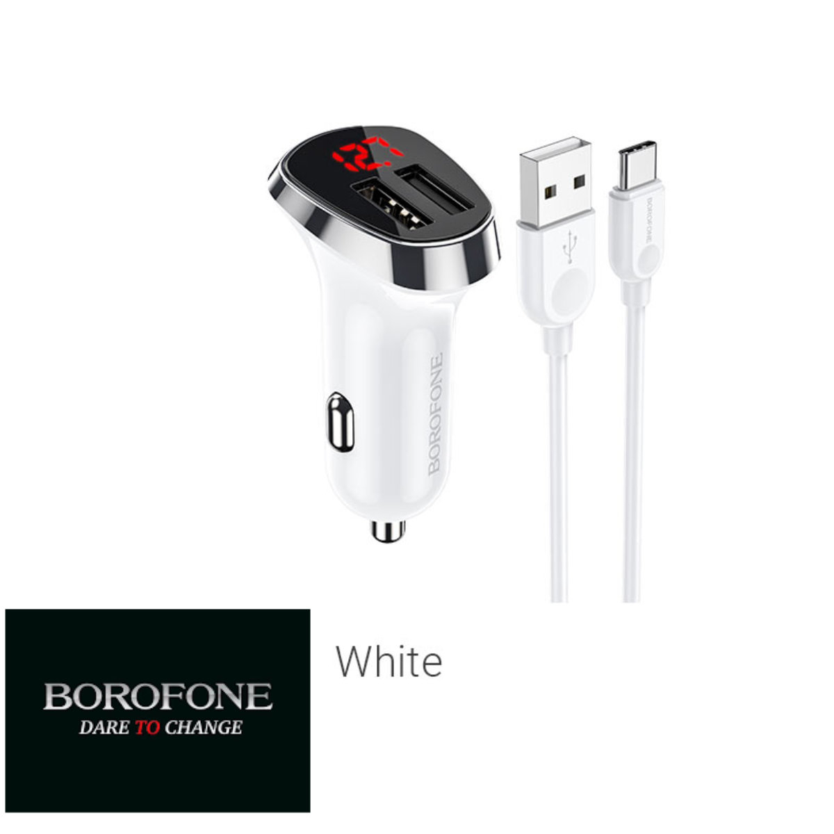 Set incarcator auto dual USB, cu afisaj LED, Borofone BZ15, cu cablu USB Tip C 1m, DC 12-24V, 5V 2.4 A, alb [9]