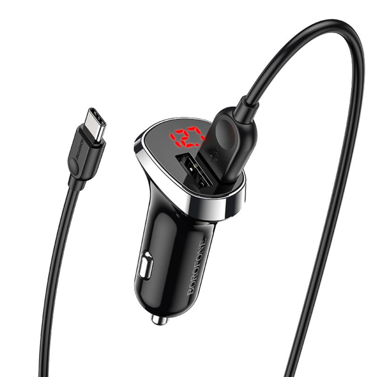 Set incarcator auto dual USB, cu afisaj LED, Borofone BZ15, cu cablu USB Tip C 1m, DC 12-24V, 5V 2.4 A, negru [9]