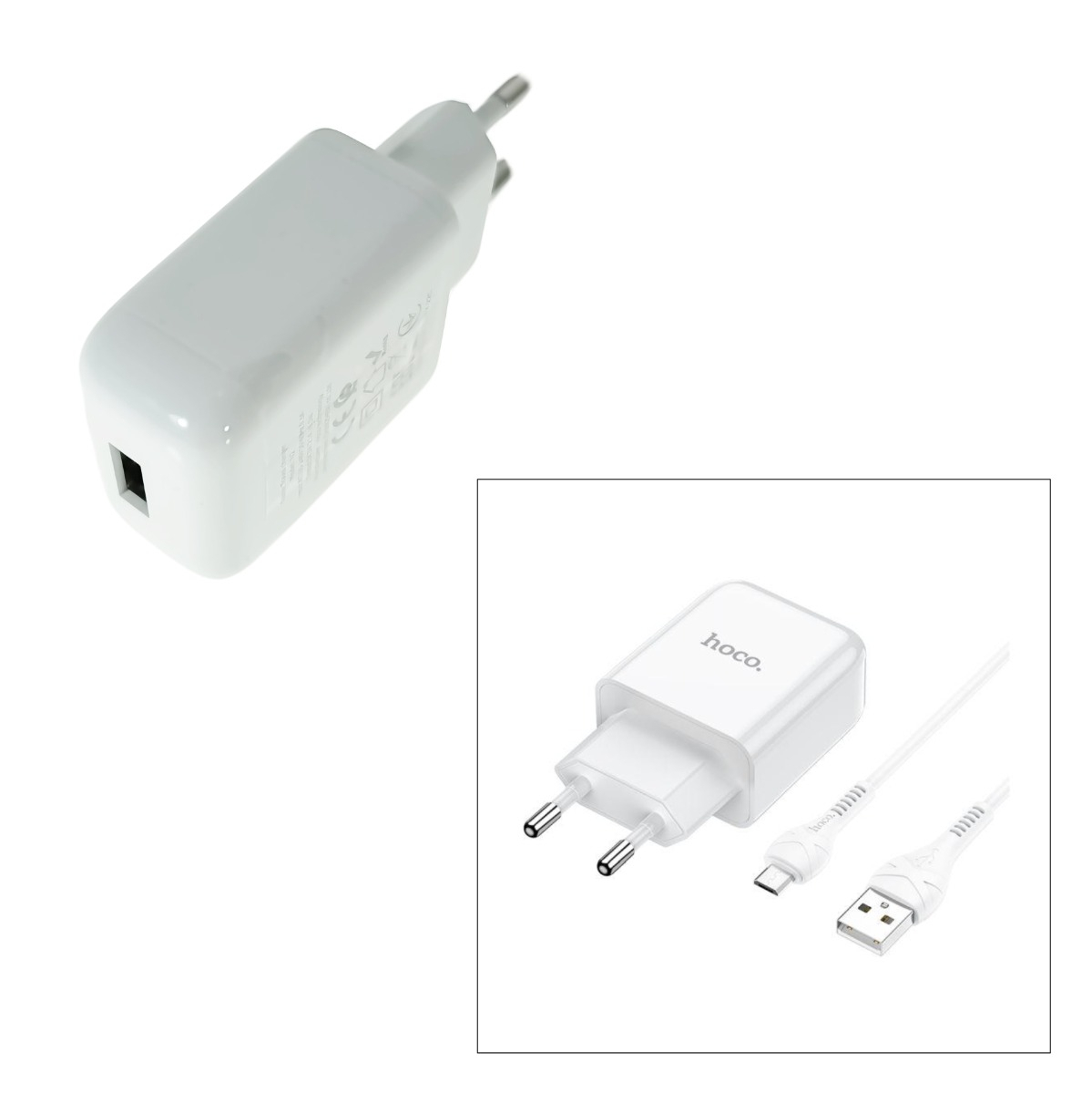 Set incarcator cu un port USB, de retea, cu cablu micro USB lungime 1m, 5V, 2.1A, Hoco N2 72885, alb [2]
