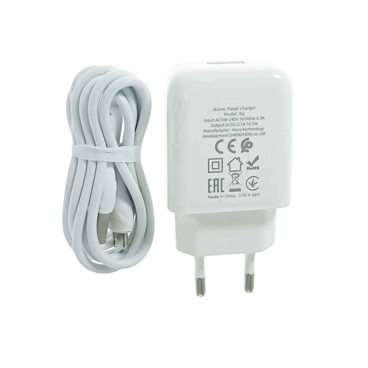 Set incarcator cu un port USB, de retea, cu cablu micro USB lungime 1m, 5V, 2.1A, Hoco N2 72885, alb [3]
