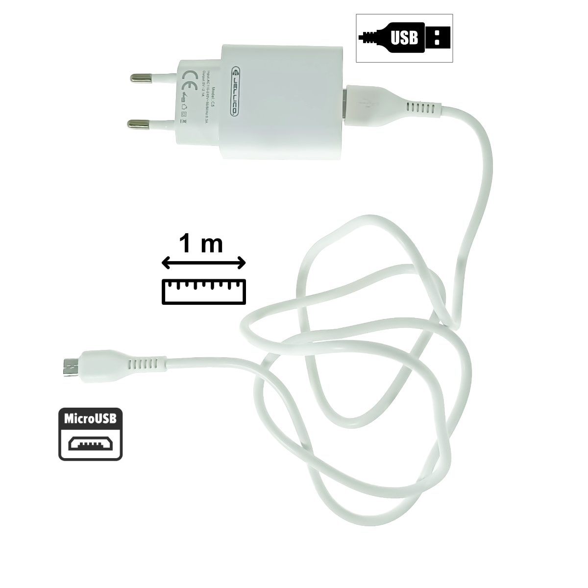 Set incarcator cu un port USB, de retea, cu cablu micro USB lungime 1m, 5V, 2.1A, Jellico C5 64567, alb [2]