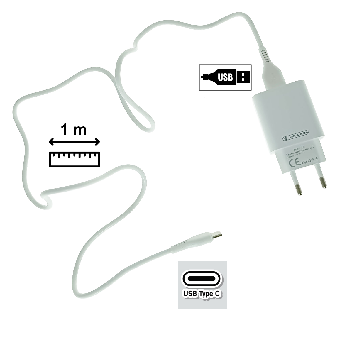 Set incarcator cu un port USB, de retea, cu cablu USB-C lungime 1m, 5V, 2.1A, Jellico C5 64568, alb [3]
