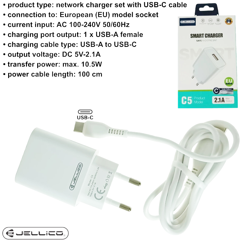 Set incarcator cu un port USB, de retea, cu cablu USB-C lungime 1m, 5V, 2.1A, Jellico C5 64568, alb [7]