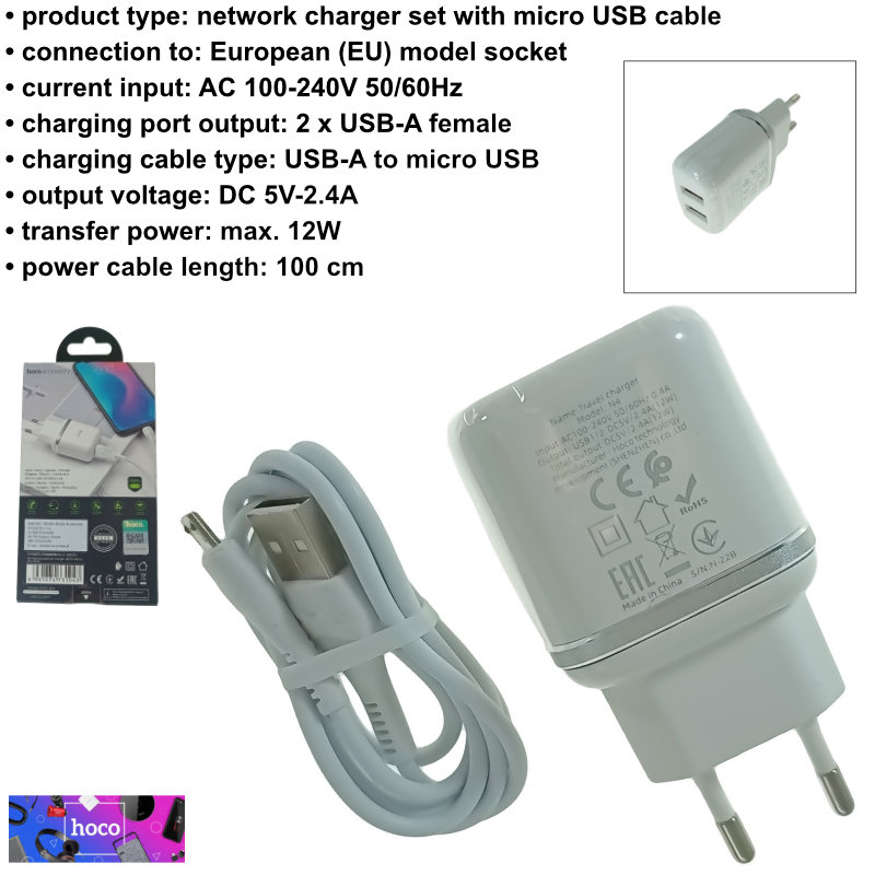Set incarcator de retea cu 2 X USB si cablu micro USB lungime 1m, Hoco N4 73104, 5V, 2.4A, alb [6]