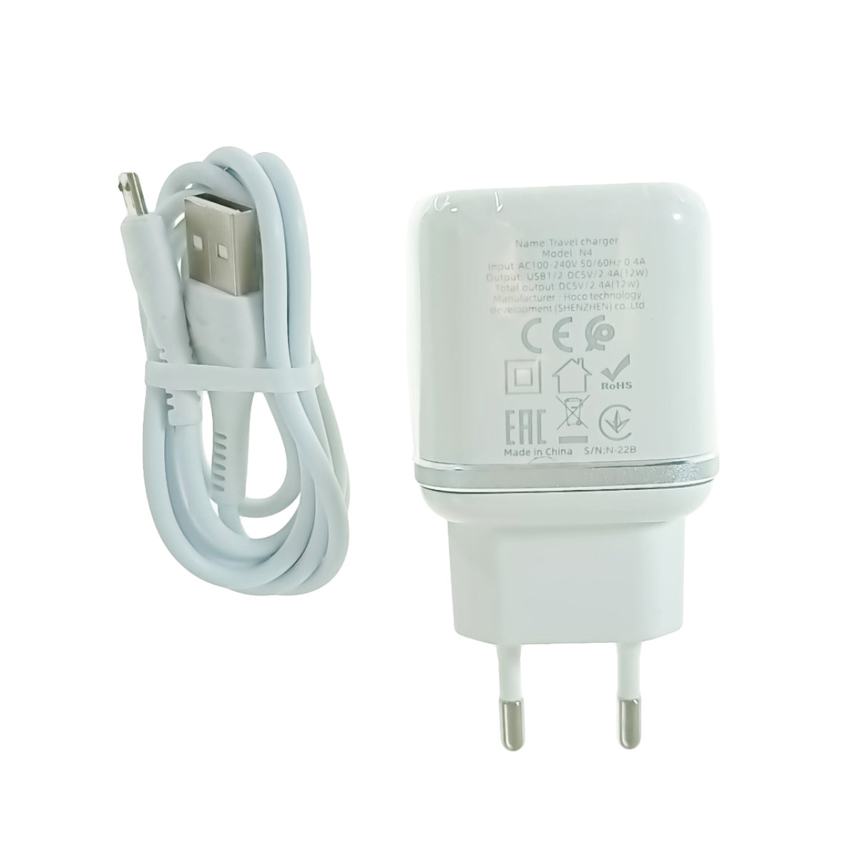 Set incarcator de retea cu 2 X USB si cablu micro USB lungime 1m, Hoco N4 73104, 5V, 2.4A, alb [4]