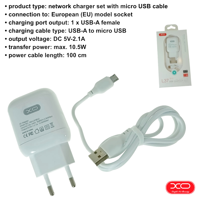 Set incarcator de retea cu cablu micro USB, 5V, 2.1A, XO-L37 86649, alb [6]