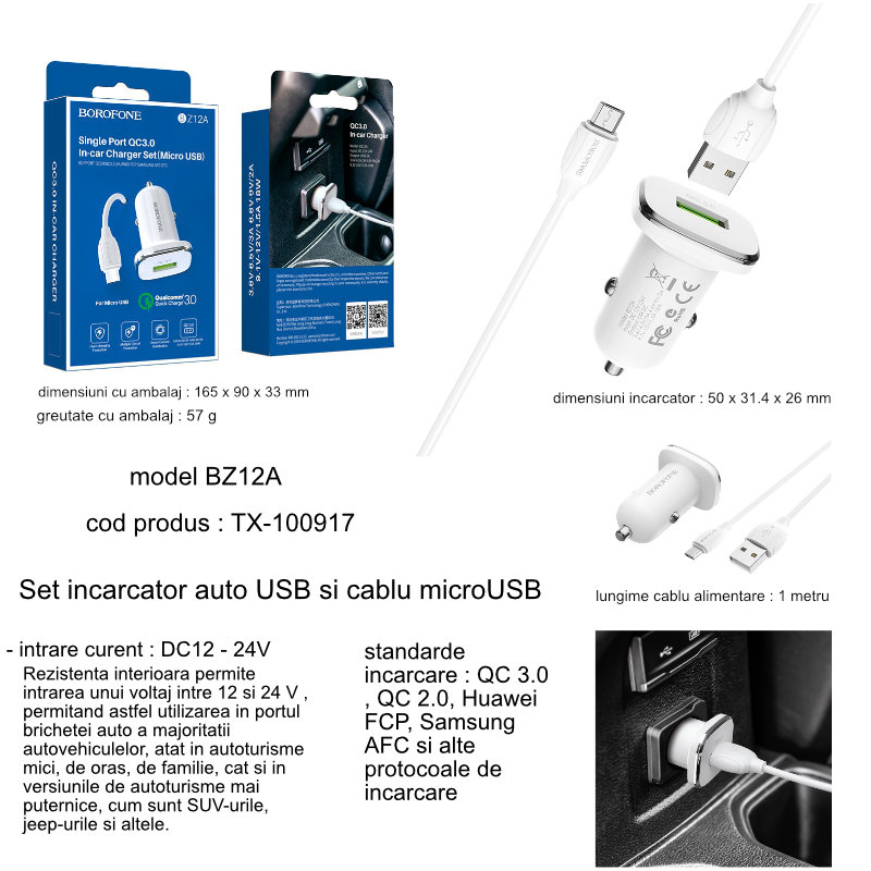 Set incarcator rapid auto, Borofone BZ12A, cu cablu microUSB 1m,USB QC 3.0, 18W, intrare 12 - 24V, IC, alb [7]
