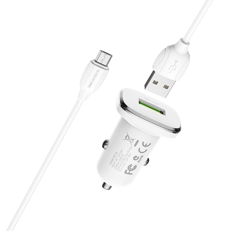Set incarcator rapid auto, Borofone BZ12A, cu cablu microUSB 1m,USB QC 3.0, 18W, intrare 12 - 24V, IC, alb [1]