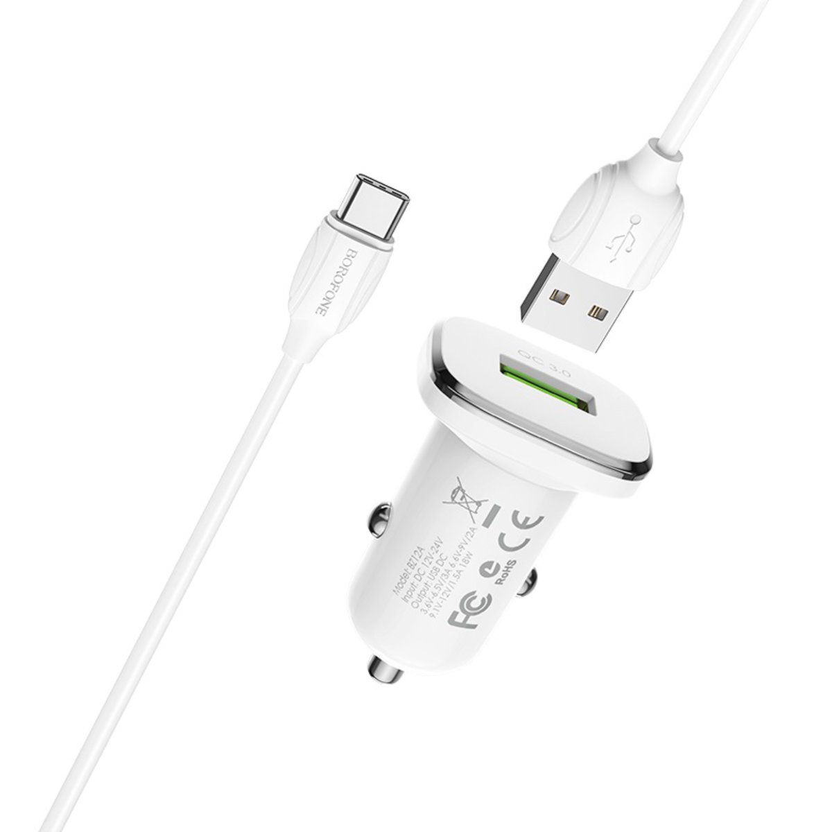 Set incarcator rapid auto, Borofone BZ12A, cu cablu USB Tip C 1m, USB QC 3.0, 18W, intrare 12 - 24V, IC, alb [10]