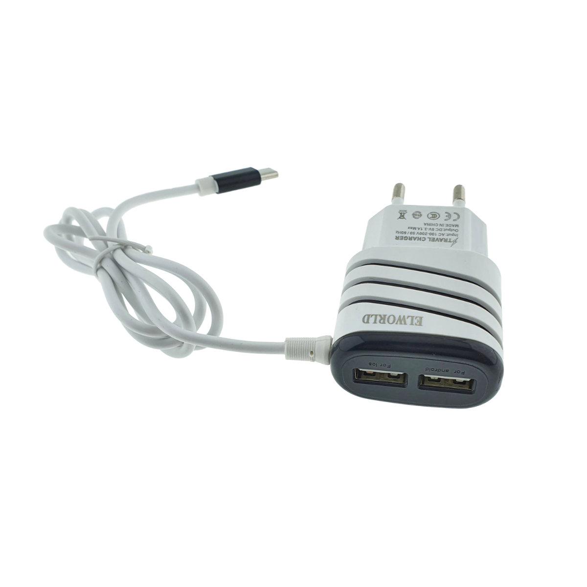 Set incarcator retea, 3.1A, 2 X USB, Elworld JXL-222, cu cablu USB Tip C tata, alb cu negru [1]
