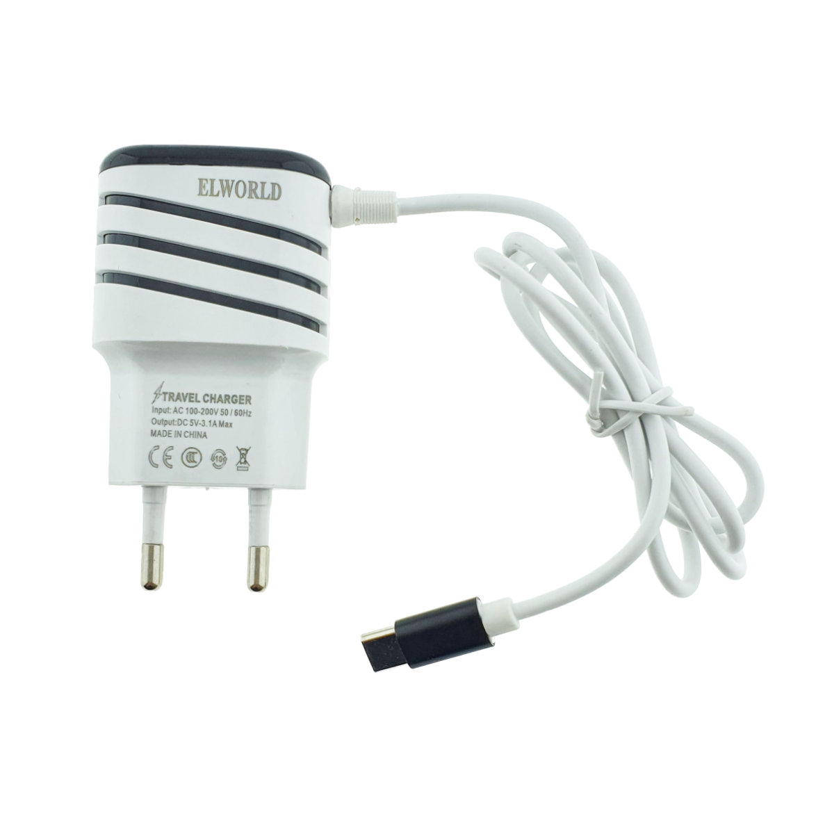 Set incarcator retea, 3.1A, 2 X USB, Elworld JXL-222, cu cablu USB Tip C tata, alb cu negru [3]