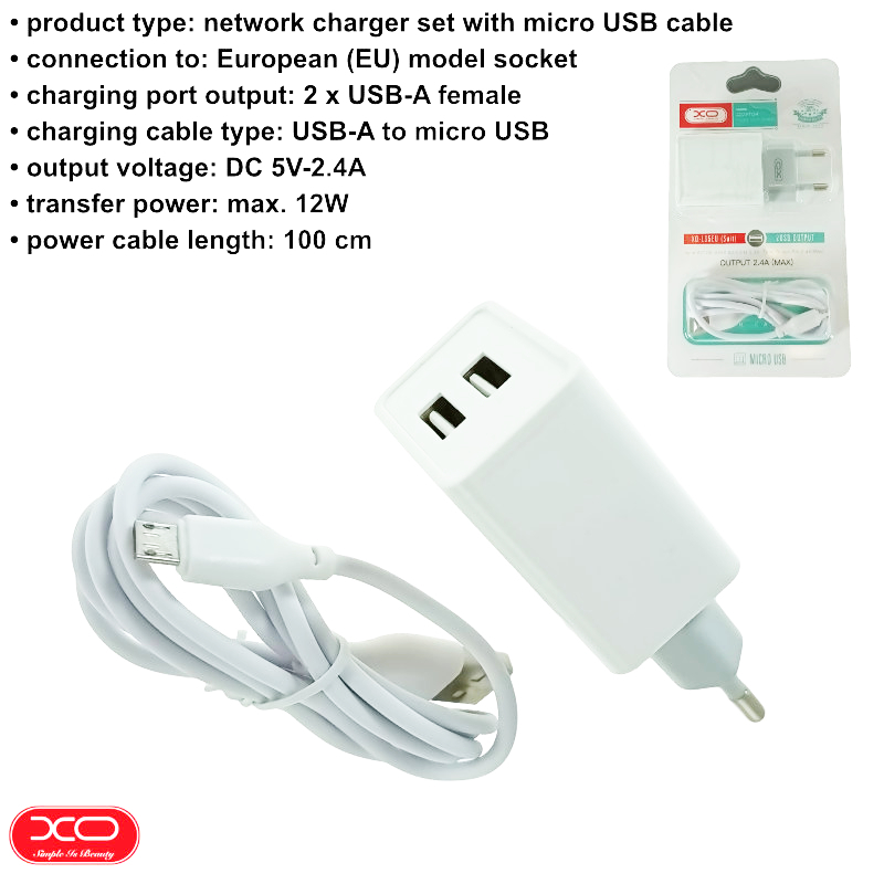 Set incarcator retea cu cablu microUSB de 100 cm, 2 x USB, 2.4A, XO-L65 87133, alb [6]