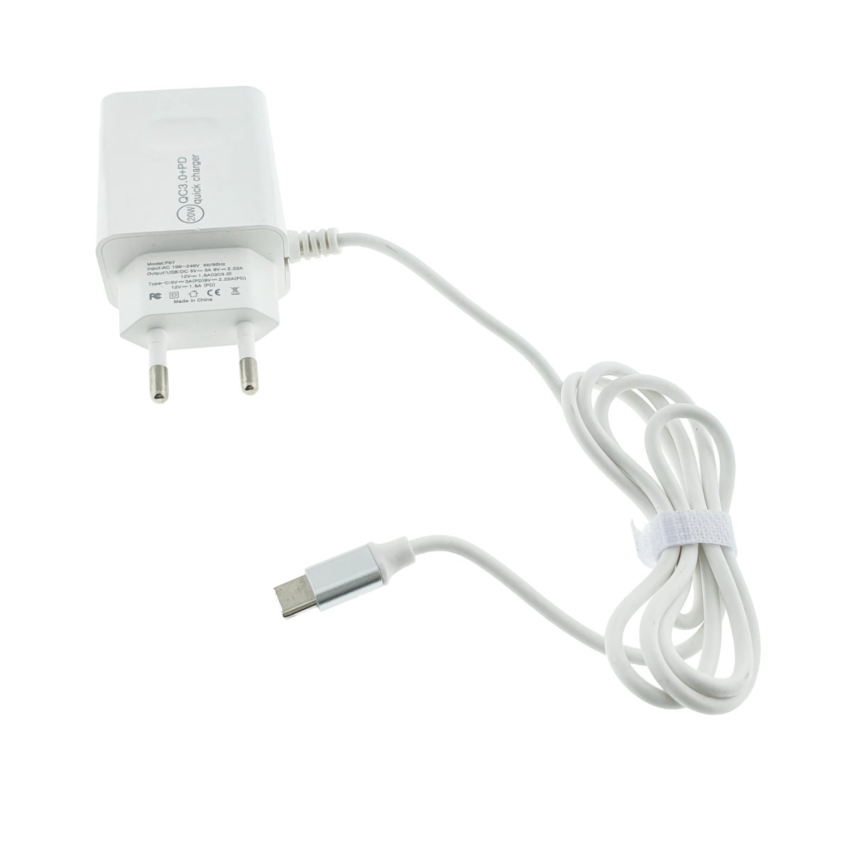Set incarcator retea cu cablu USB Tip C, QC 3.0, PD, 20W, cu port USB si USB de tip C, P07-W, alb [2]