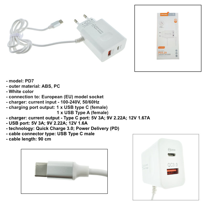 Set incarcator retea cu cablu USB Tip C, QC 3.0, PD, 20W, cu port USB si USB de tip C, P07-W, alb [6]