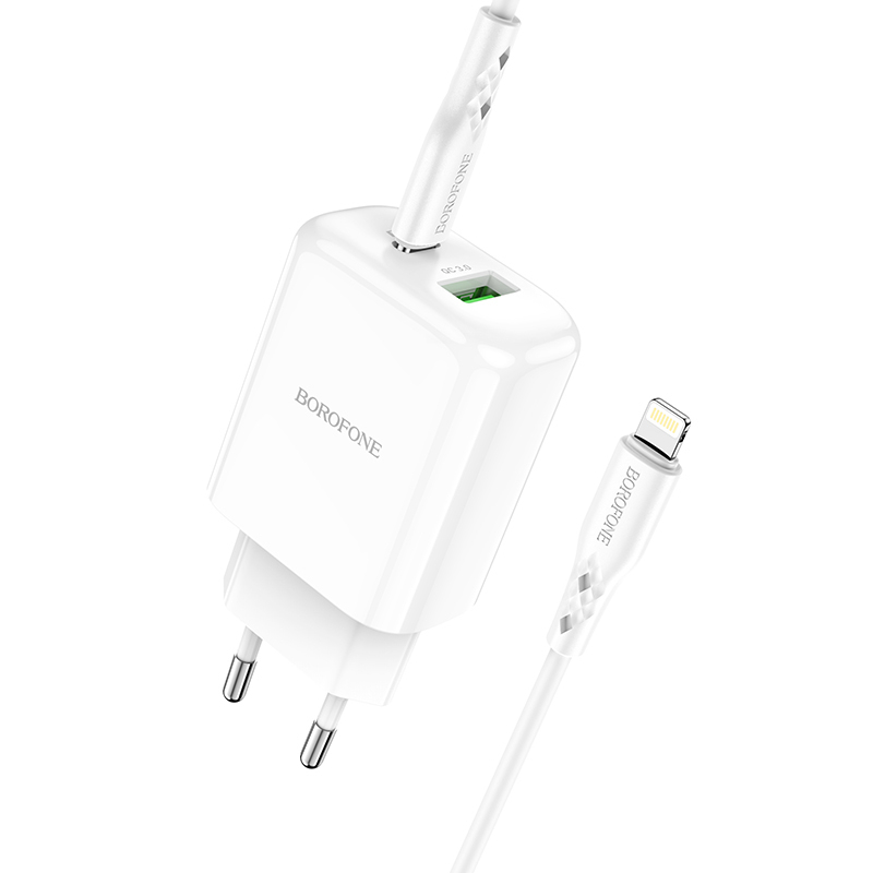 Set incarcator retea cu cablu USB Tip C tata la Tip Lightning, Borofone 74809 BN4, QC 3.0, 20W, cu port USB si USB de tip C, alb [11]