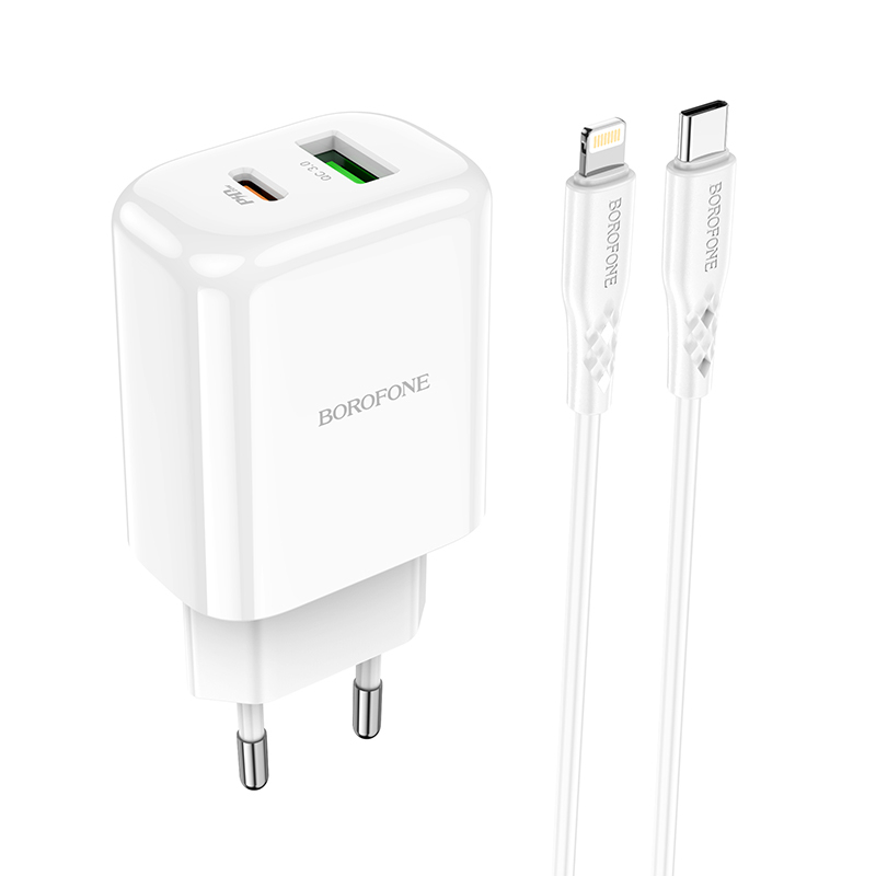 Set incarcator retea cu cablu USB Tip C tata la Tip Lightning, Borofone 74809 BN4, QC 3.0, 20W, cu port USB si USB de tip C, alb [10]