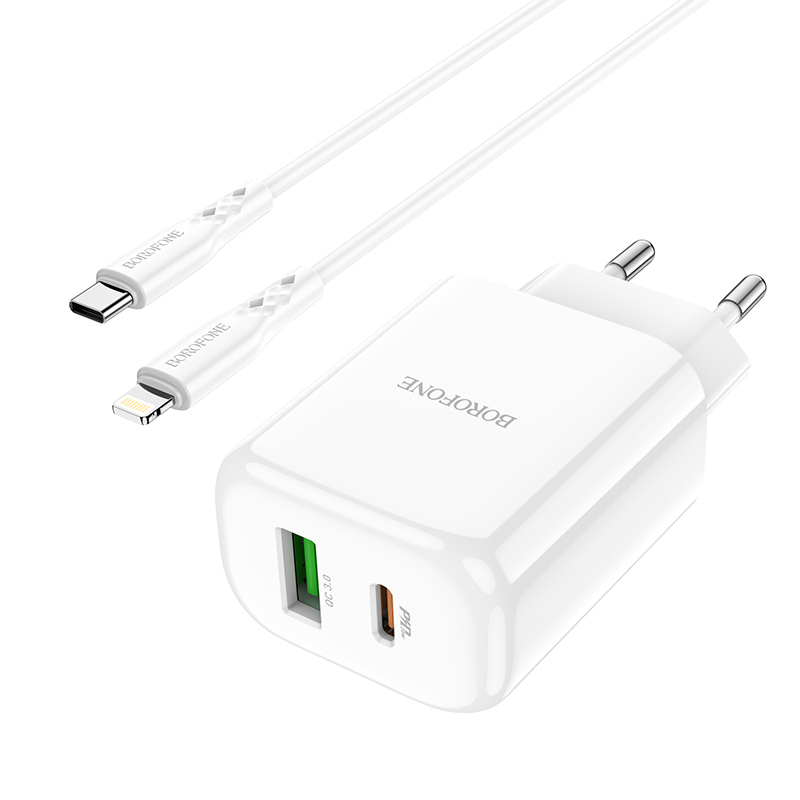 Set incarcator retea cu cablu USB Tip C tata la Tip Lightning, Borofone 74809 BN4, QC 3.0, 20W, cu port USB si USB de tip C, alb [3]