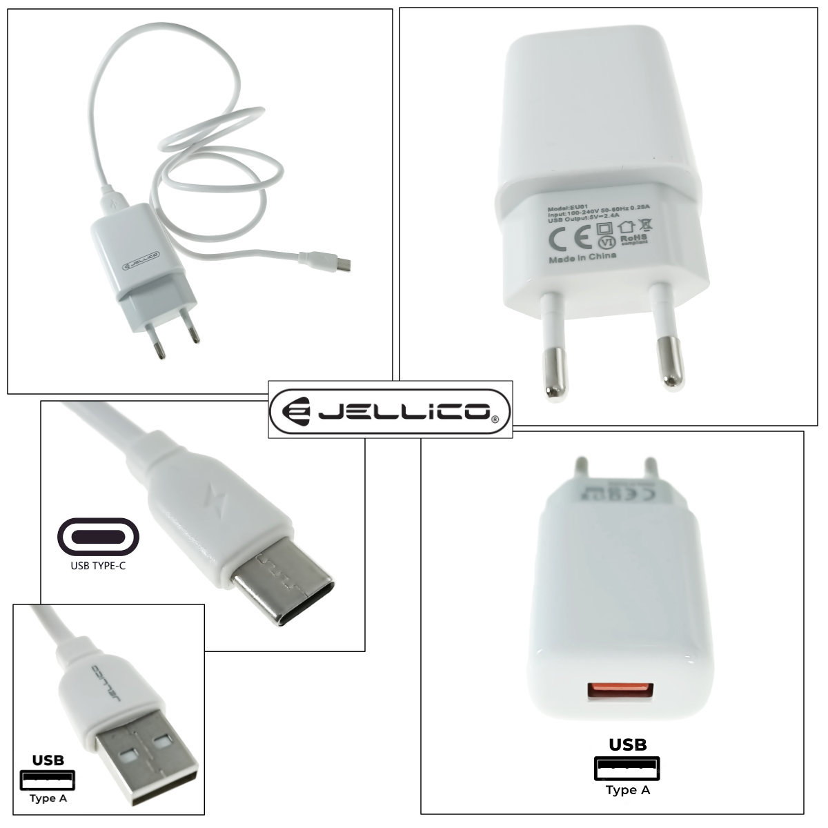 Set incarcator USB de retea, cu cablu USB-C lungime 1m, 5V, 2.4A, Jellico EU01 20294, alb [3]