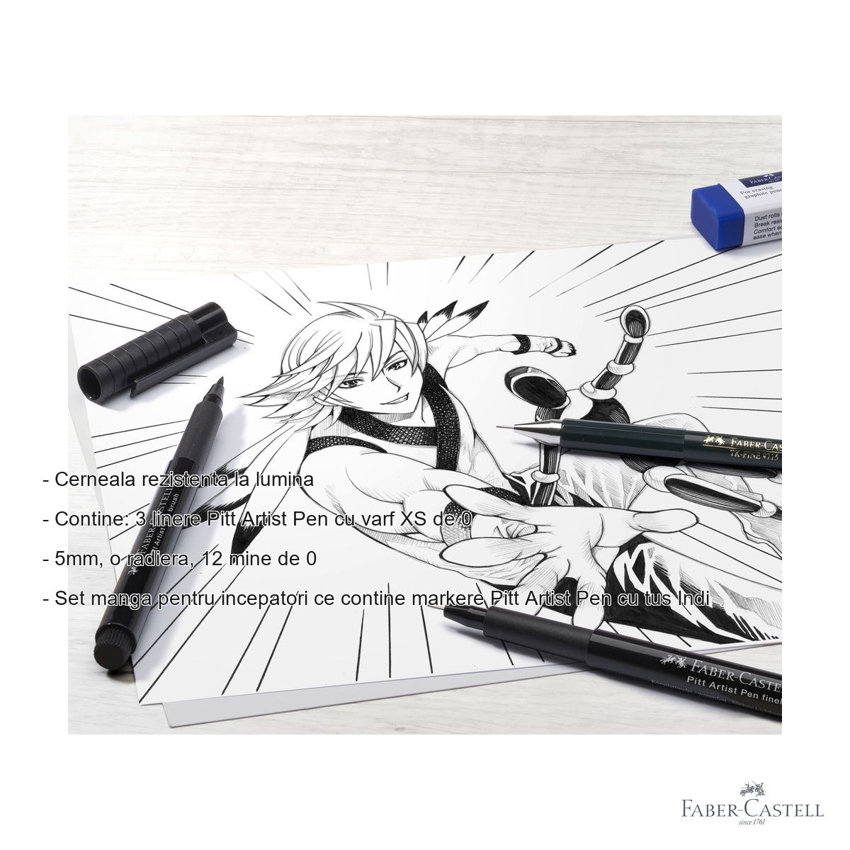 Set manga pentru incepatori Faber-Castell Pitt Artist Pen, cu linere, creion mecanic si manechin, pentru desen manga si ilustratie [2]
