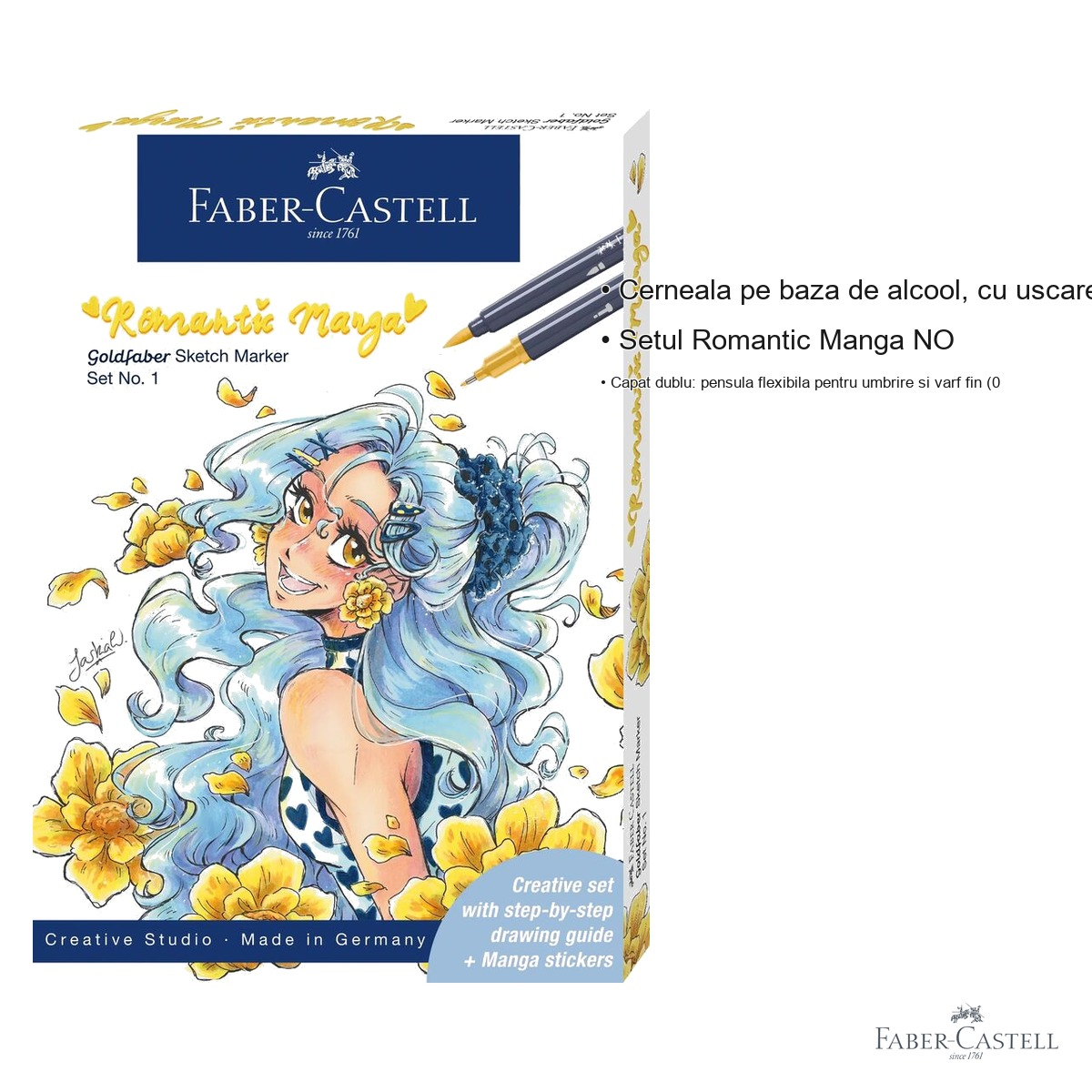 Set markere sketch Faber-Castell Goldfaber Romantic Manga No.1, 8 sketchmarkere + 2 Pitt Artist Pen + creion grafit, pentru ilustratii manga [3]