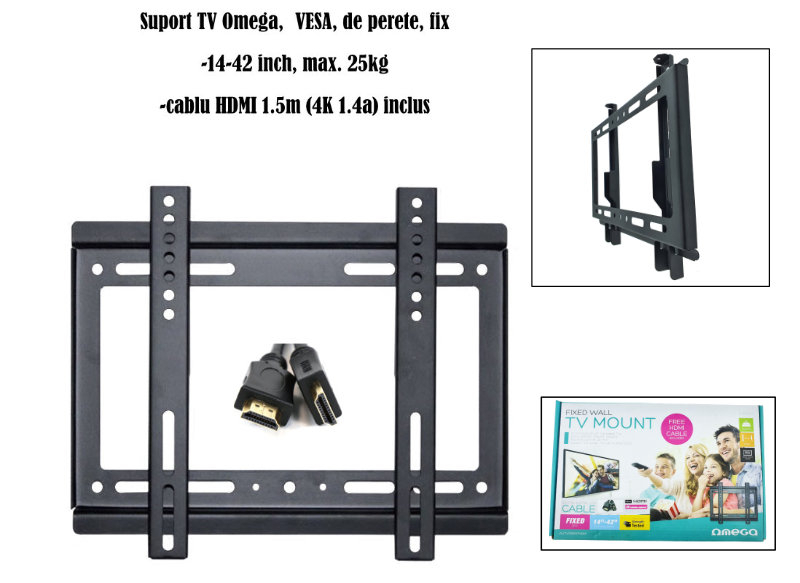 Set suport fix TV Omega 45455 cu cablu HDMI 4K 1.5m, max VESA 200, 14-42 inch, 25kg, de perete, negru [6]