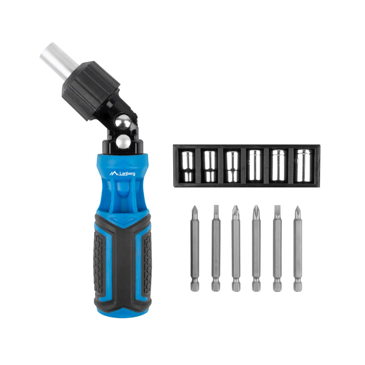 Set surubelnita unghiulara cu clichet, 6 tubulare si 6 biti, Lanberg 42753, cu maner ergonomic antiderapant, negru cu albastru [1]