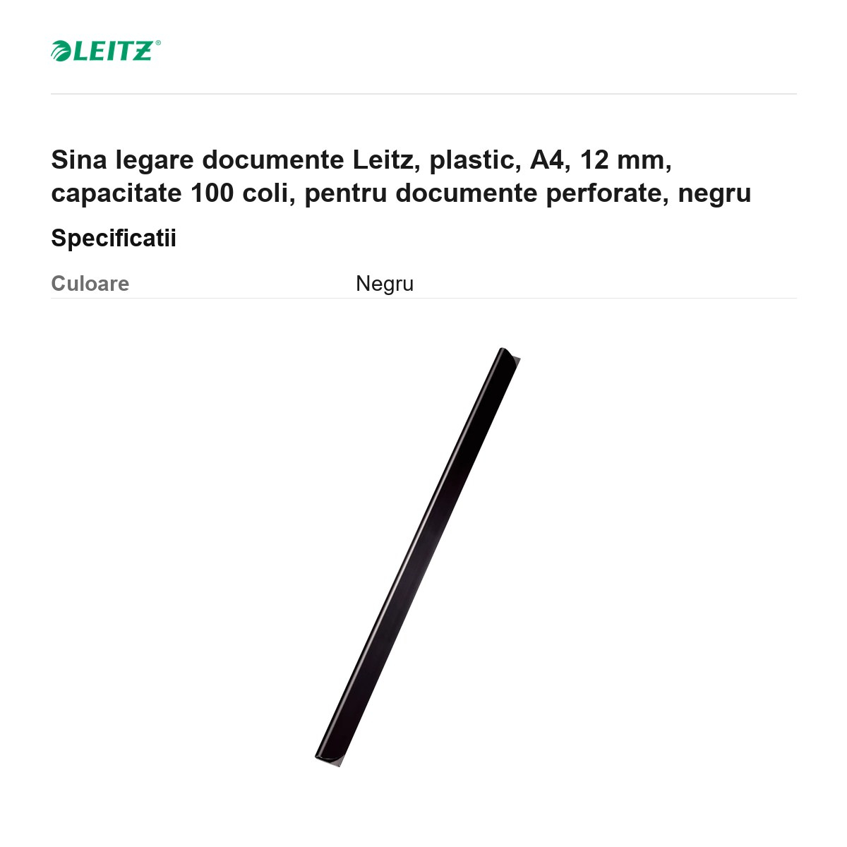 Sina legare documente Leitz, plastic, A4, 12 mm, capacitate 100 coli, pentru documente perforate, negru [3]