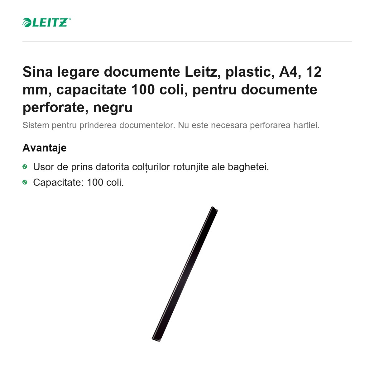 Sina legare documente Leitz, plastic, A4, 12 mm, capacitate 100 coli, pentru documente perforate, negru [2]