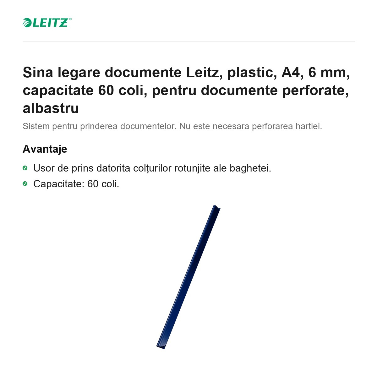 Sina legare documente Leitz, plastic, A4, 6 mm, capacitate 60 coli, pentru documente perforate, albastru [2]